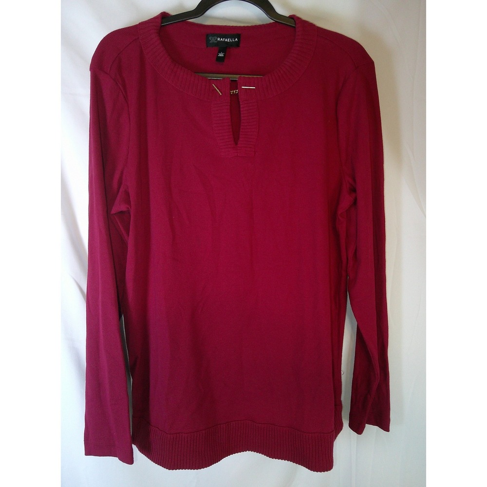 Rafaella Womens Berry Red Split Neck Knit Sweater Gold Chain Detail‎ Size L